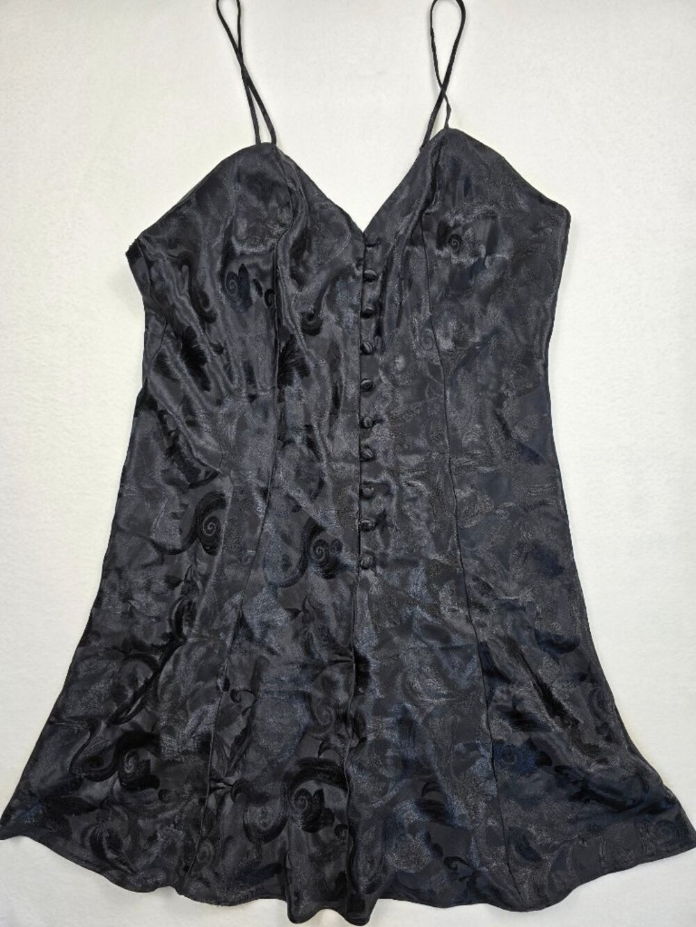 Vintage Adonna Medium Black Satin Floral Slip Dress Lingerie Fairy Grunge Y2K